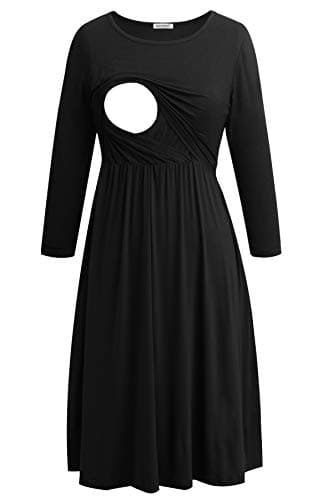 Image of Smallshow Nursing Dresses 3/4 Sleeve Maternity Breastfeeding Dress for Women Black S