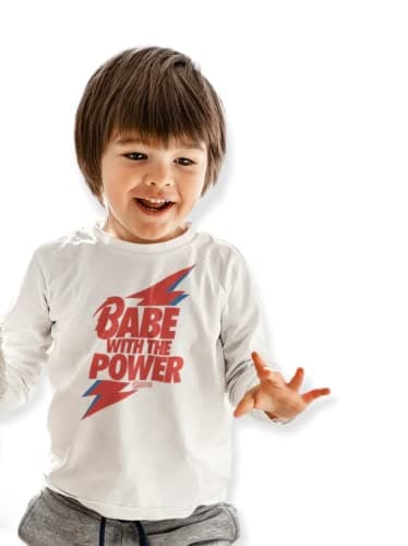 Image of Babe With The Power Baby & Kids T-Shirt | Unisex Cool Bowie Labyrinth Long Sleeve Top | Alternative Rock Baby Gifts | BABY MOO'S UK (2-3 years) White