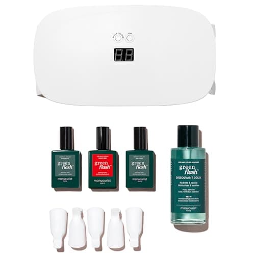 Image of Manucurist Green Flash Slim LED Nail Gel Kit Gift Box : 24W LED Lamp, Base & Top Coat, Poppy Red Polish, Polish Remover & Clips - UV Lamps for Gel Nails - Nail Varnish - Manicure Kit