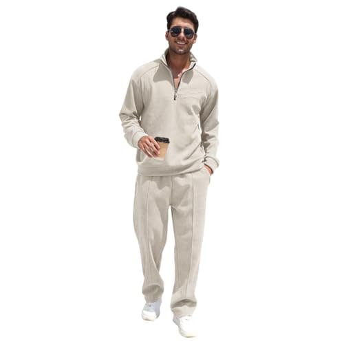 Image of amropi Men's Corduroy Tracksuit Fleece Lined Zipper Sweatshirt and Pants Set Warm Sweatsuits Beige, M