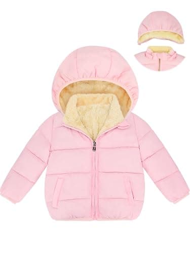 Image of Hoocl Girls Winter Coat, Detachable Hooded Kids Puffer Jacket, Windproof Snowsuit with Two Pockets, Warm Fleece Lined Outerwear, Girls Zipper Padded Clothes, Pink Baby Coat for 5 Years-6 Years
