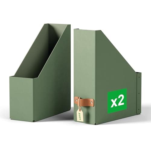 Image of Leitz Puro Magazine File - Set of 2 Durable A4 Magazine Holders, Compatible with Cube Units and Storage Shelves, Holds 900 sheets (80gsm), Desk Organiser for Office & Home, 10 x 26 x 31cm, Sage Green