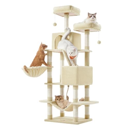 Image of Feandrea Cat Tree, 168 cm Large Cat Tower Condo with 13 Scratching Posts, 1 Scratching Ramp, 2 Perches, 2 Caves, Basket, Hammock, Pompoms, Beige PCT165M01V1