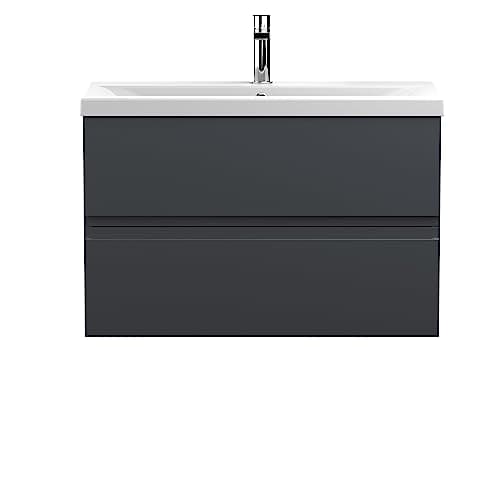 Image of Hudson Reed URB1406A Urban Modern Bathroom Wall Hung 2 Drawer Bathroom Vanity Unit & Mid-Edge Ceramic Basin, 800mm, Soft Black