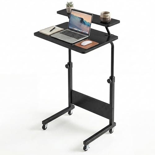 Image of YITAHOME Mobile Computer Desk, Height Adjustable Desk with Wheels, Portable Small Office Desk with Storage Shelf, Over Bed Table, Standing desk, Black