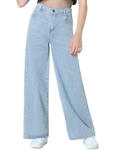 Image of EXARUS Girls Wide Leg Jeans Baggy Pants Denim High Waisted Teen Clothes Tween Outfits Preppy Casual Straight with Pockets Kids Extra Light Blue 12Y