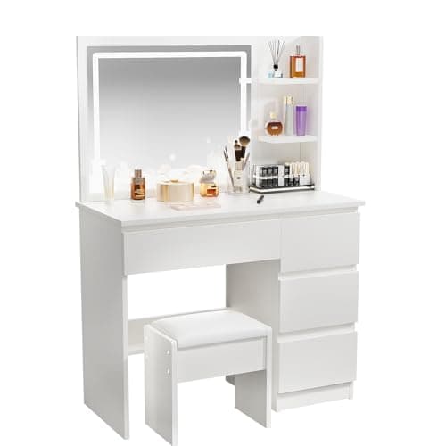 Image of ZenkiHome Dressing Table with Mirror and Adjustable LED Lights, 100cm Wide Vanity Desk with 4 Drawers, White, Stool Included
