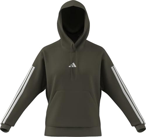 Image of adidas Women's ESSENTIALS 3-STRIPES FLEECE HOODIE, olive strata/white, S