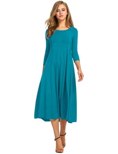 Image of HOTOUCH Women Midi Dresses Elegant 3/4 Sleeve Tunic Dresses A Line Summer Dress Solid Round Neck Dresses with Pockets Jade Green L