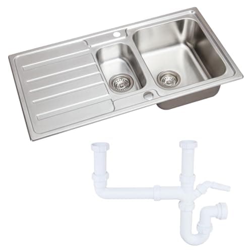Image of SÄUBER® 970 x 500mm Stainless Steel Kitchen Sink One and Half 1.5 Bowl Inset Drop in Installation, Reversible Drainer, 18/10 Grade Steel Sinks, with Waste Pipe Kit & Free Basket Strainer Waste