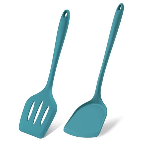 Image of Herogo Silicone Spatula, 2 Pieces Non-Stick Spatula Turner Set for Cooking, Heat Resistant Silicone Slotted Turner Utensils for Cookware Pan, Easy Clean, Dishwasher Safe, Blue