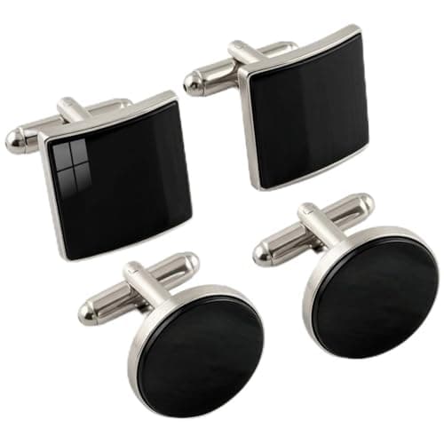 Image of Premium Mens Cufflinks Set - 2 Pairs (Square & Round) | Classic Black Onyx Style Cuff Links with Polished Silver Finish | Sophisticated Business & Wedding Accessories for Men | Elegant Gift for Him