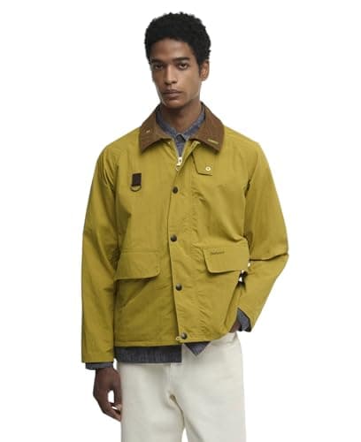 Image of Barbour MCA1093GN21 Mens Lightweight Jacket with Corduroy Collar and ICONS SPEY CASUAL JACKET Cotton Tartan Lining Amber Green L