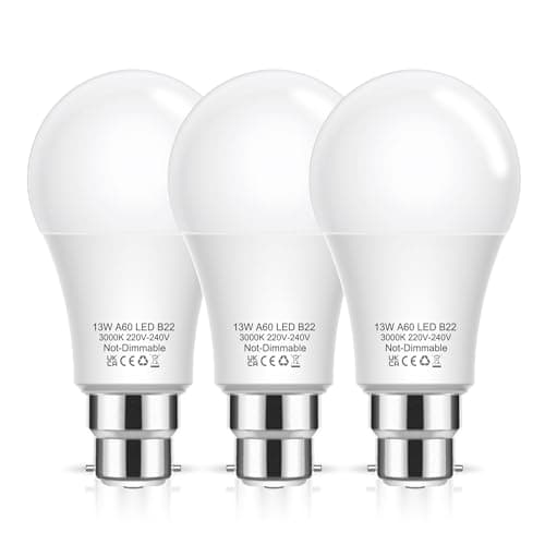 Image of B22 Bayonet Light Bulbs 100W Equivalent, 13W LED Bulbs Bayonet Warm White 3000K, 1200lm BC A60 B22 Light Bulb Bayonet, Non-Dimmable for Indoor Home Lighting, 3 Pack