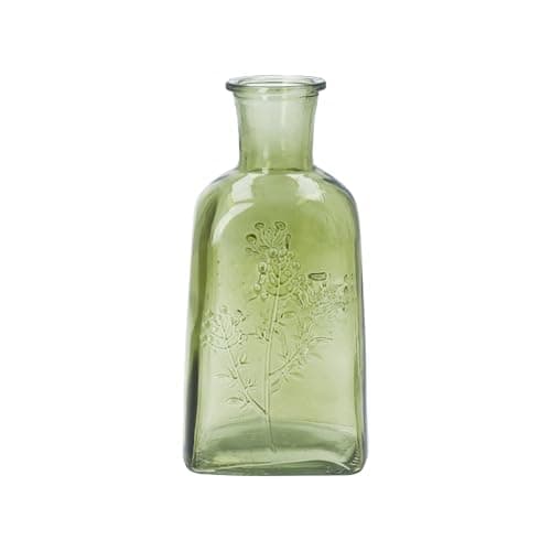 Image of Gisela Graham Olive Green Glass Bottle Vase with Wild Flower Design, 19cm