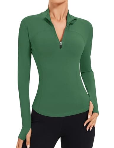 Image of IECCP Women's Gym Tops Long Sleeve Sports T-Shirt Running Top for Ladies 1/4 Zip Sweatshirt Lightweight Quick Dry Slim Fit Tee Shirts Green M