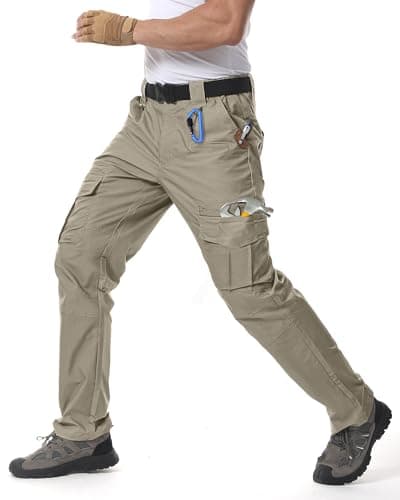 Image of IGOLUMON Work Trousers Men Cargo Trousers Stretch Fit Tactical Combat Pants Multi-Pockets with Semi Elasticated Waist Band Outdoor Hiking Casual Pants Khaki