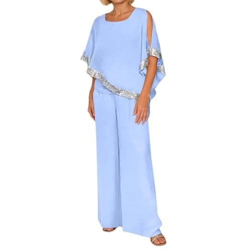 Image of Cexiakong Two-Piece Women's Elegant Sequin Colour Block Evening Suit Sets Crew Neck 3/4 Batwing Sleeve Top and Casual Wide Leg Trousers Set Breathable Casual Wear for Party Business, Light blue, M