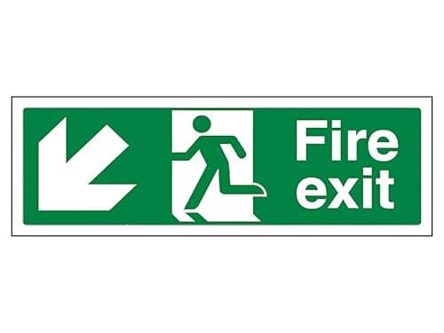 Image of The Workplace Depot Fire Exit Down Left Direction Sign – 150(H) x 450(W) mm Green/White Running Man Fire Exit Sign, PVC or Self-Adhesive Vinyl for Offices, Warehouses & Schools (PVC (Rigid))