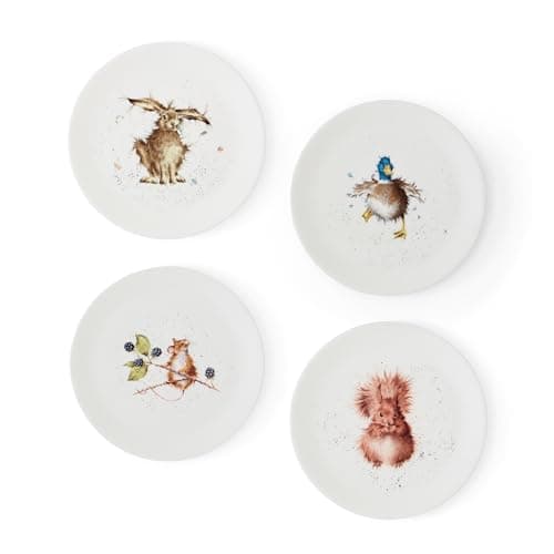 Image of Royal Worcester x Wrendale Designs Set of 4 Assorted Coupe Plates with Charming Animal Designs by Hannah Dale, Fine Bone China White Plates, Suitable for Everyday Dining or Picnics, 20cm