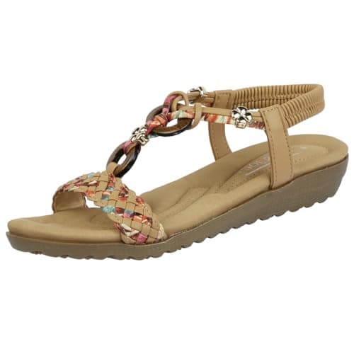 Image of Jo & Joe Ladies Beaded T-bar Low Wedge Sandals - Marrakesh - Tan - UK 6