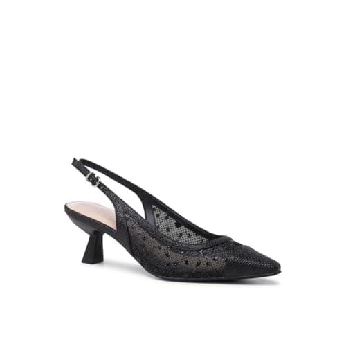 Image of Paradox London Tamsin Slingback Kitten Heels, Mesh Diamante Finish, Synthetic Material, 5.5cm Heel Height (Black, UK Footwear Size System, Adult, Women, Numeric, Medium, 5)