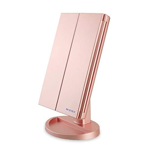 Image of WEILY Makeup Mirror, 1x/2X/3X Trifold Makeup Mirror with 21 LED Lights and Adjustable Touch Screen Mirrors Cosmetic Countertop Mirrors (Rose Gold)