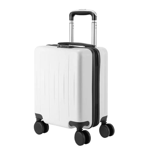 Image of SUNNYNEST 14"" White Carry on Luggage with 2 Laptop Compartments ABS+PC Suitcase with Dual Control TSA Lock 4 Spinner Wheels for Business Travel