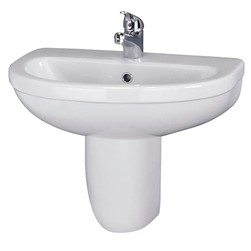 Image of Balterley 555mm Bathroom Sink, Semi Pedestal Ceramic Round Bowl Bathroom Wash Basin Sink with Overflow, 1 Tap Hole, Wall Mounted Basin Sinks for Cloakroom - 555 x 445 x 498mm (White)