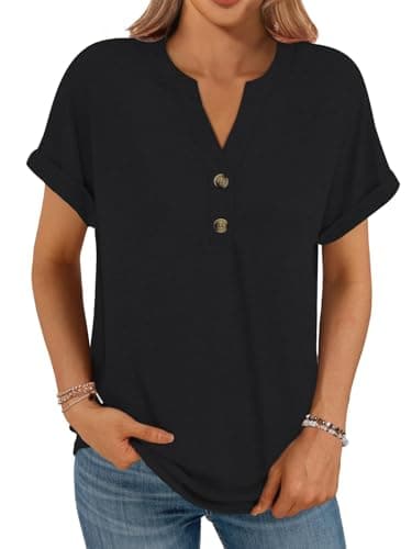 Image of Cuptacc Womens Tops UK V Neck Button Comfort Ladies Tops Loose Fit Short Sleeves T Shirts Fashion Soft Blouses XXX-Large Size Loose Fit Tunic Black XXXL 18