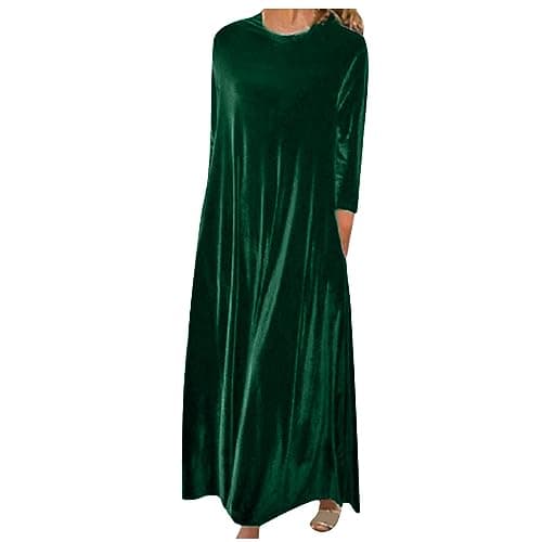 Image of Women Vintage Velvet Long Sleeve Maxi Dress - Casual Loose Fit Elegant Bridesmaid Ladies Solid Color Plus Size Army Green