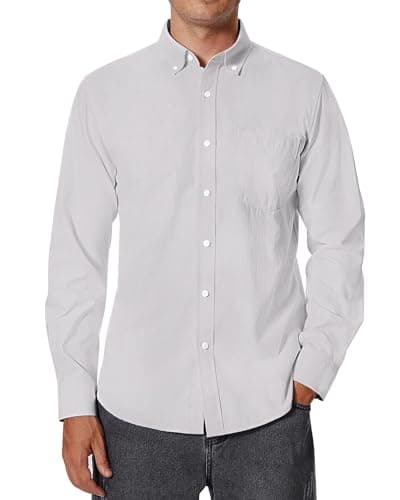 Image of siliteelon Men's Oxford Shirts Long Sleeve Smart Casual Business Formal Plain Button Down Shirt with Pocket Light Grey L