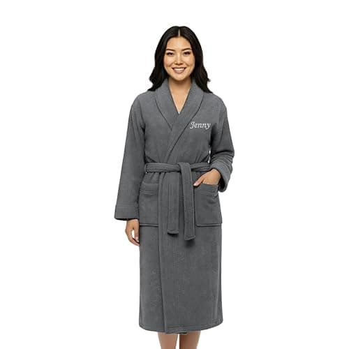 Image of Personalised Dressing Gown – Luxury Cotton Bathrobe for Adult – Soft, Warm & Cozy – Custom Embroidered Name with Pocket – Gift for Every Occasion & Relaxing Spa Days – Grey S/M