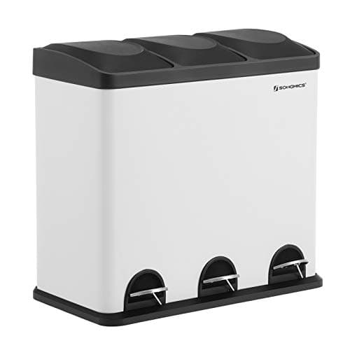 Image of SONGMICS 54L Recycling Bin, Rubbish Bin, Steel Pedal Bin with 3 Sections, Inner Buckets, 6 Sorting Labels, for Easy Waste Separation, White and Black LTB54W