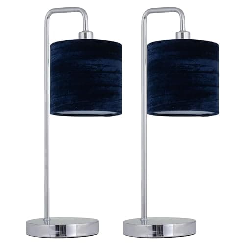 Image of firstchoicelighting Set of 2 Polished Chrome Table Lamps or Bedside Lights, Modern Arched Design, Navy Blue Crushed Velvet Shade, Height 45cm, LED Compatible