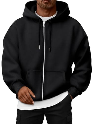 Image of Oyamiki Full Zip Up Hoodies for Men Long Sleeve Fleece Jacket Plain Black Hoodie Fall Trendy Loose Fit Hooded Sweatshirt L