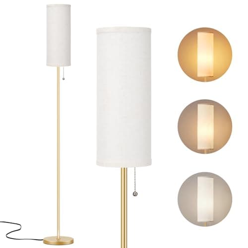 Image of Aooshine Gold Floor Lamp for Living Room with 3 Color Temperatures Bulb, 64" Standing lamp with Linen lampshade for Bedroom, Minimalist Pole Lamp, Beige Shade & Gold Pole(Bulb Included)