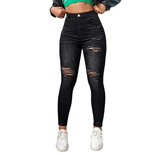Image of Full Length Ankle Ripped Jeans Womens Skinny Stretch Distressed Jean Jeggings Butt Lifting Ladies Stylish Pull On Straight Leg Bodycon Slim Sexy Denim Leggings Pants with Hole Trousers for (Black, M)