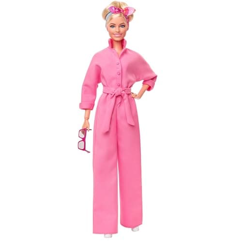 Image of Barbie THE MOVIE, Margot Robbie as Doll from the movie, wearing pink jumpsuit, sunglasses and hairscarf, HRF29