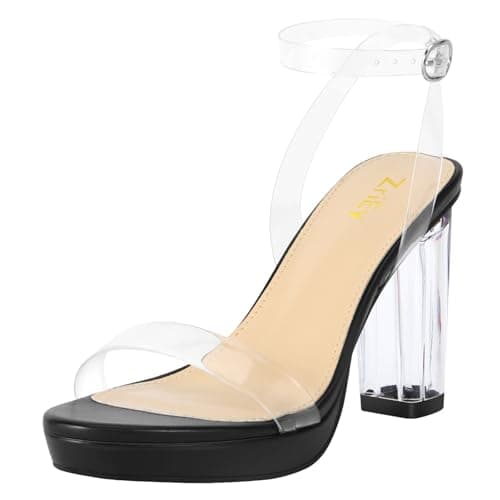 Image of ZriEy 4-Inch Platform Clear High Heels for Women Block Chunky Heeled Sandals Open Toe Ankle Strap Heels Wedding Party Evening Prom Dress Pump Sandal Shoes, Black Clear, 6 UK