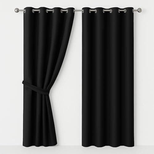 Image of AMEHA Eyelet Blackout Curtains for Bedroom Soundproof Thermal Insulated Ring Top Kitchen Black Curtain 46x54 Inch, 2 Pieces with Tiebacks