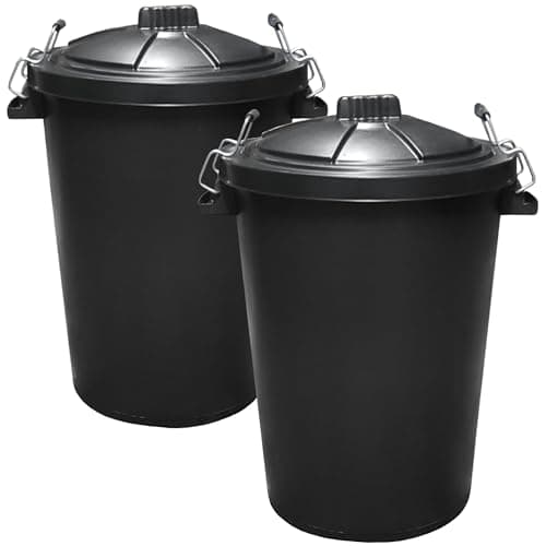 Image of KetoBarrow 2 PACK - Large Black Garden Dustbin- 90L Refuse Heavy Duty Plastic Waste Bin With Secure Clip Lid