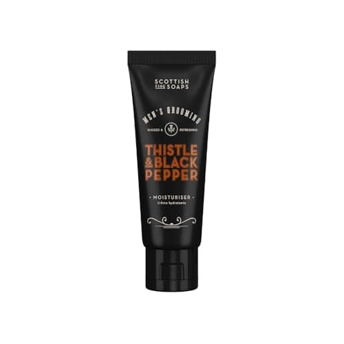 Image of Scottish Fine Soaps Men's Grooming Thistle & Black Pepper Moisturiser 75ml – Travel Sized Hydrating Face Moisturiser with Hyaluronic Acid and Almond Oil