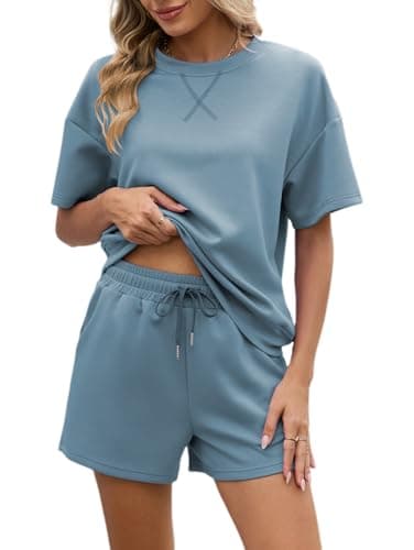 Image of Famulily Loungewear Sets for Women UK Summer Short Tracksuit Full Set 2 Piece Outfits Loose Split Hem Gym Activewear with Pockets Blue S