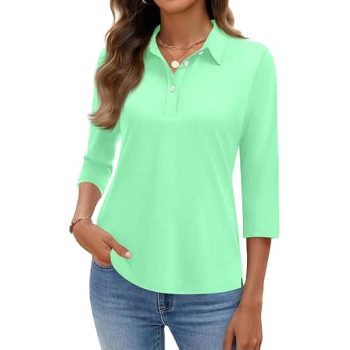 Image of Ladies Tops with 3/4 Sleeves and Solid Color Shirts Women's Button Up Tops Polo Shirts Mint Green L 37