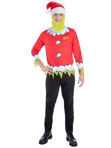 Image of Smiffys Dr Seuss The Grinch Santa Kit for Adults - Official Licensed Christmas Fancy Dress Top, Hat & Beard, Festive Party Outfit for Holiday Events, Book Week & Seasonal Dress Up Medium