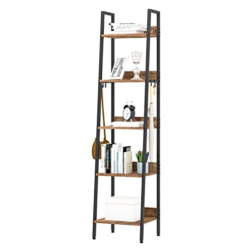 Image of WOLTU 5-Shelf Bookcase, Industrial Shelves with 4 Hooks, MDF and Metal Ladder Shelving Unit for Living Room, Kitchen, Study, Office, Black Frame, 40x36x170cm, RGB9289hov