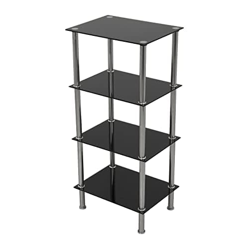Image of MAHARA 5 Tier Chrome Effect Black Glass Shelving Unit - Tempered Safety Glass Shelves Max 5kg Each - Storage Unit W40cm x D30cm x H86.5cm - Bedroom Storage/Living Room Accessories/Home Accessories