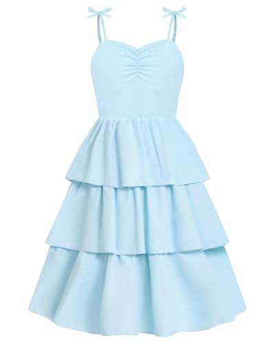 Image of JiAmy Girls Spaghetti Strap Dress Kids Summer Bowknot Smocked Tiered Swing Dresses Casual Elegant Sundress for Girl 11-12 Years Light Blue
