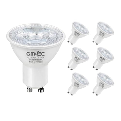 Image of GMEC GU10 LED Bulbs 7W – Pack of 6 – 6500K Cool White Daylight, Non-Dimmable COB Spotlights, 550 Lumens Each, Energy Saving Halogen Replacements, 25,000 Hour Life